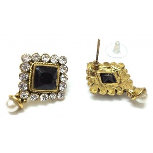 Gold Oxidized Women Earring Stud Jewelry PushBack Classy Gift-Rhinestone Bead 25
